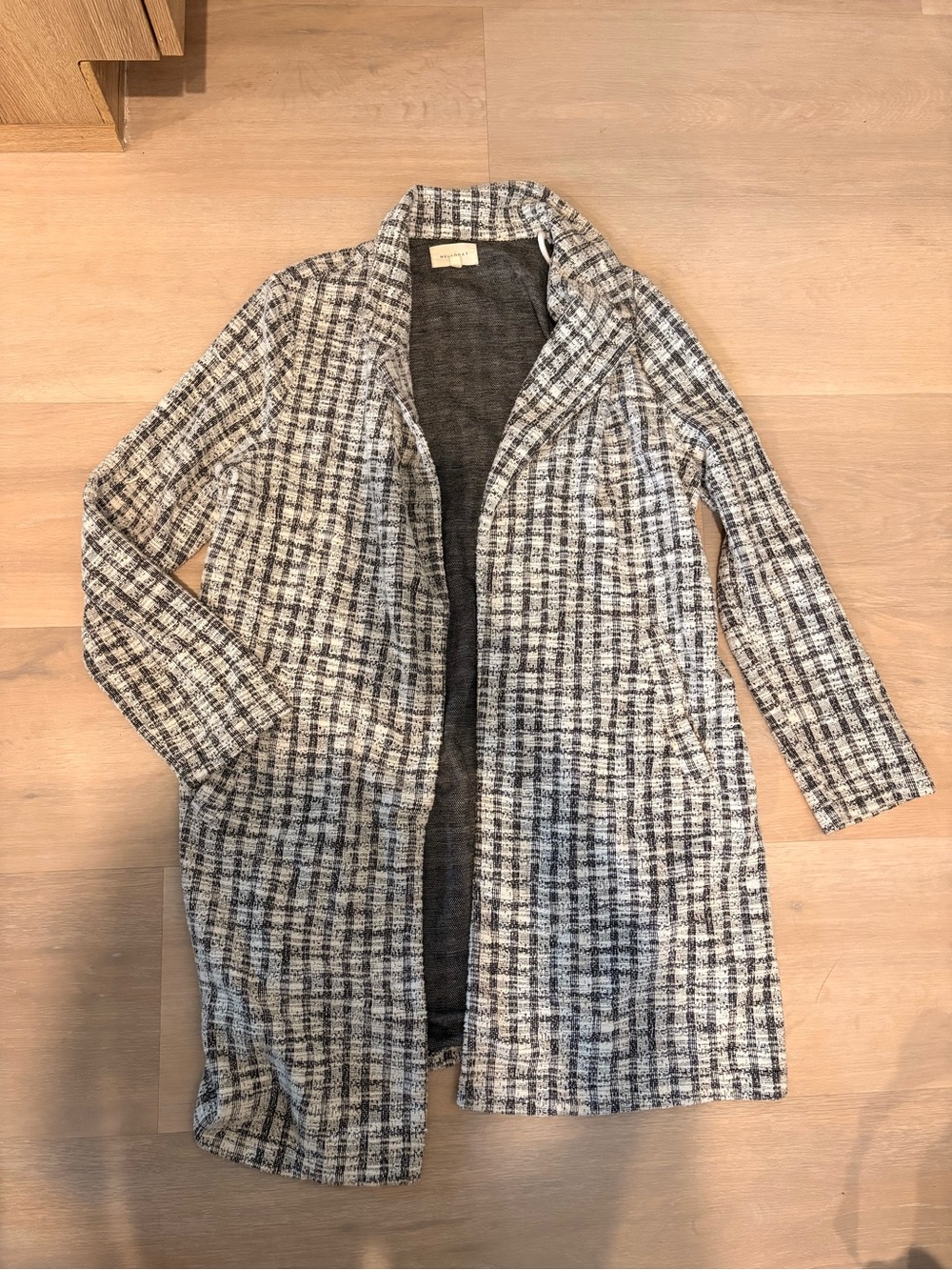 MELLODAY Plaid Open-Front Trench Coat in Gray and White